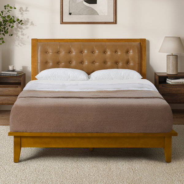 Red Barrel Studio® Walter Midcentury Modern ButtonTufted Genuine Leather Solid Wood Platform